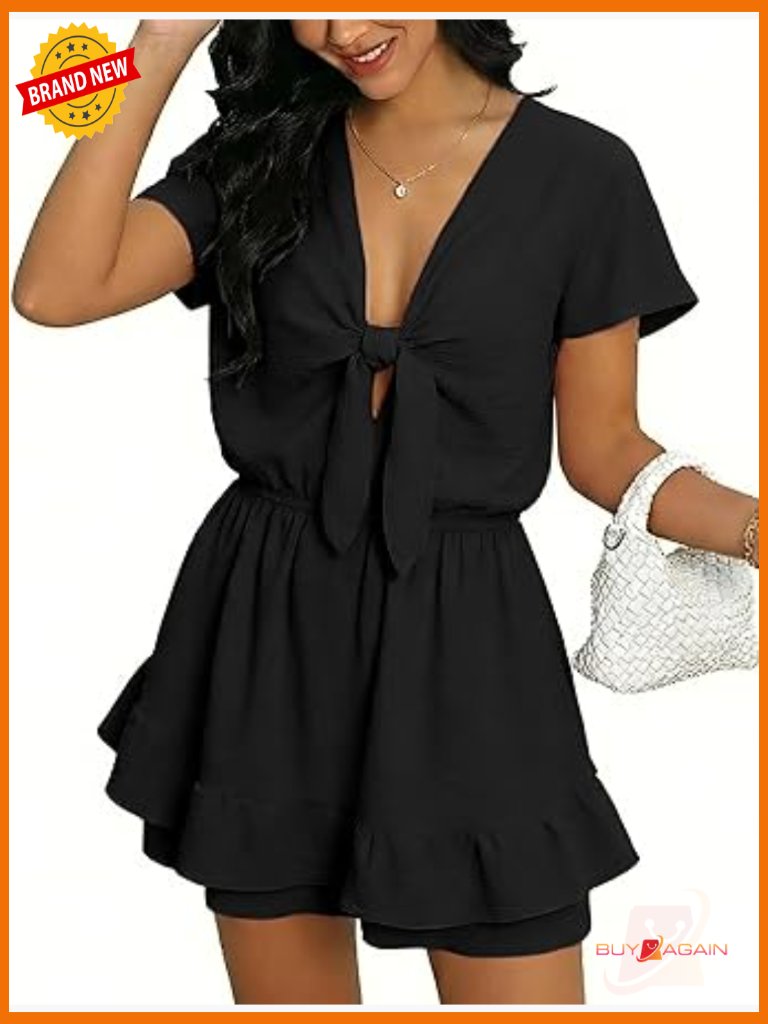 Womens V-Neck Shorts Romper With Pockets Ruffle Hem